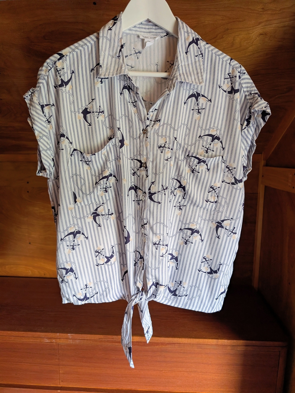 Tribal Fashion Blue Striped Tie-Front Button Down Shirt